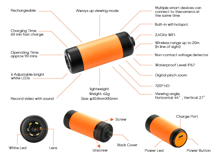 Vividia TVS-101 Telescopic WiFi Wireless Inspection Camera 1 Meter Long for iPhone iPad Android Devices