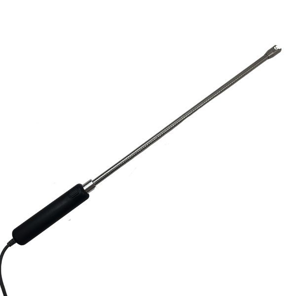 Long thin black rod with a cylindrical handle on a white background