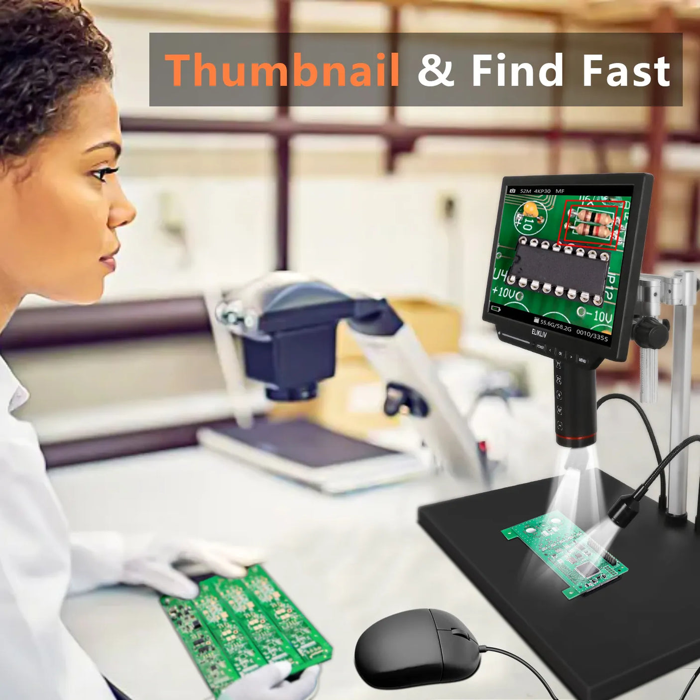 Vividia HM-1310AF HDMI/LCD/USB Digital Auto Focus Microscope with 10" LCD Screen 13MP Resolution 500x Magnification Flex Metal Stand