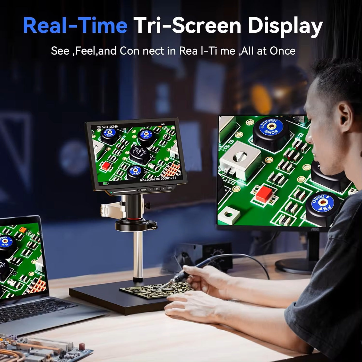 Vividia HM-1310AF HDMI/LCD/USB Digital Auto Focus Microscope with 10" LCD Screen 13MP Resolution 500x Magnification Flex Metal Stand