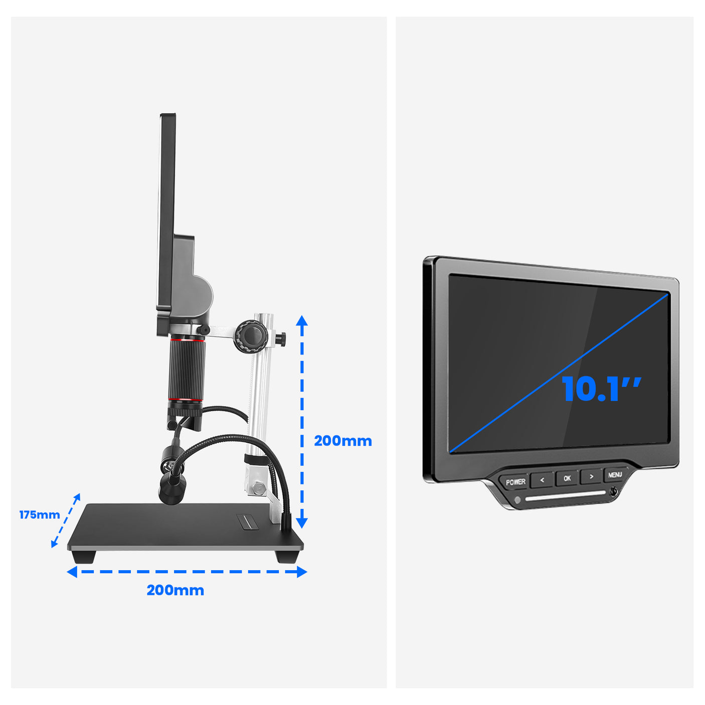 Vividia HM-4103D Digital Microscope with 10" 1080p LCD Screen, Manual Focus, 2D / 3D modes, 350x Magnification, 4MP Image Sensor, HDMI/USB Output