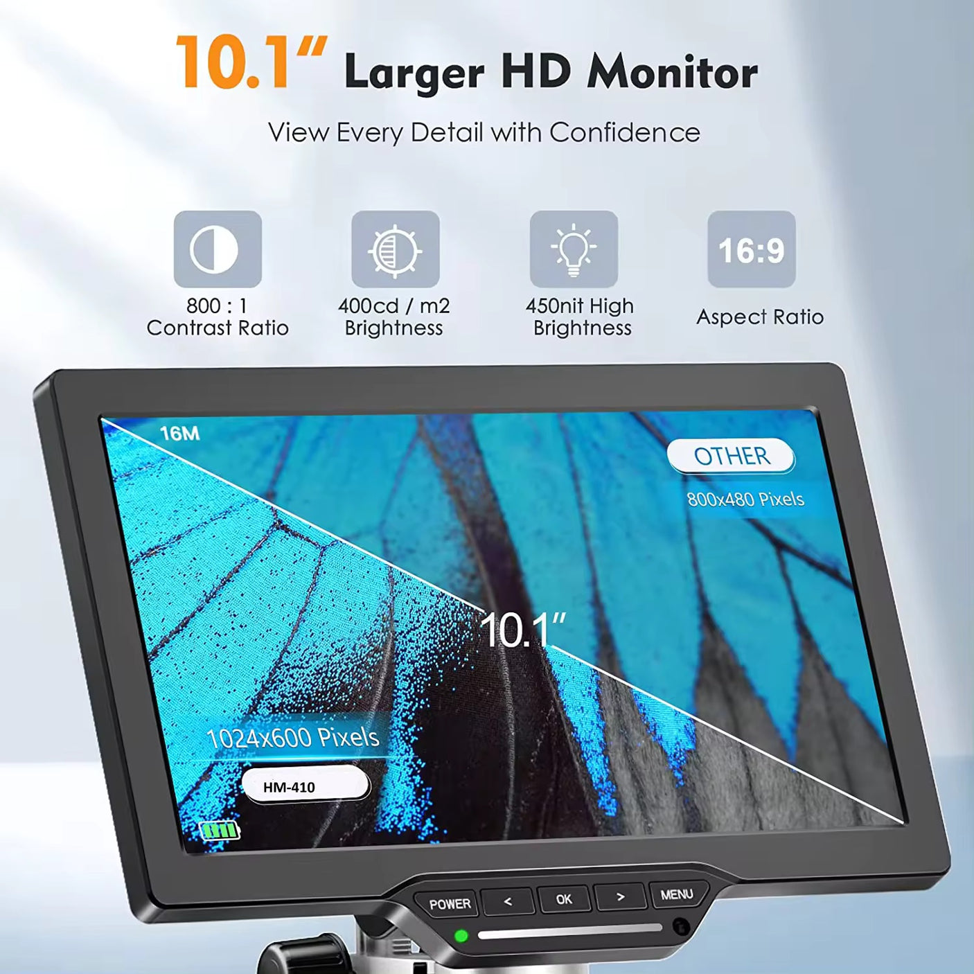 Vividia HM-410 Digital Microscope with 10" 1080p LCD Screen, Manual Focus, 350x Magnification, 4MP Image Sensor, HDMI/USB Output