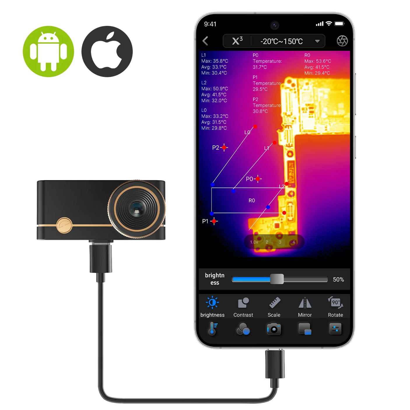 P3 Focusable Thermal Imager Camera X³IR™ Resolution 512x384 for iPhone iPad and Android Windows PC