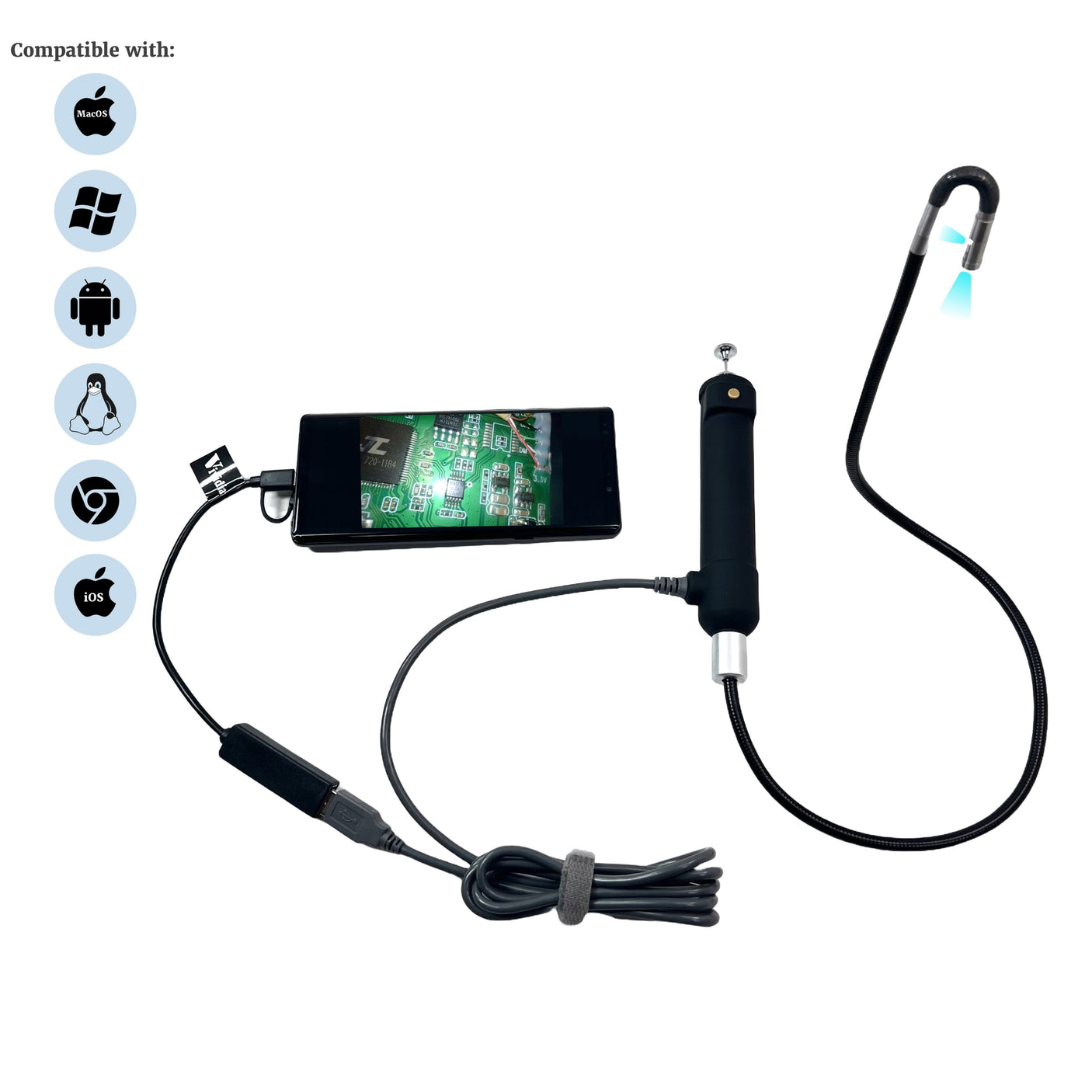 Vividia VA-D6560U USB Semi-Rigid Borescope Endoscope with Dual Camera and 180 Degree Articulating 6.5mm Diameter 60cm Long Probe and LED Lights