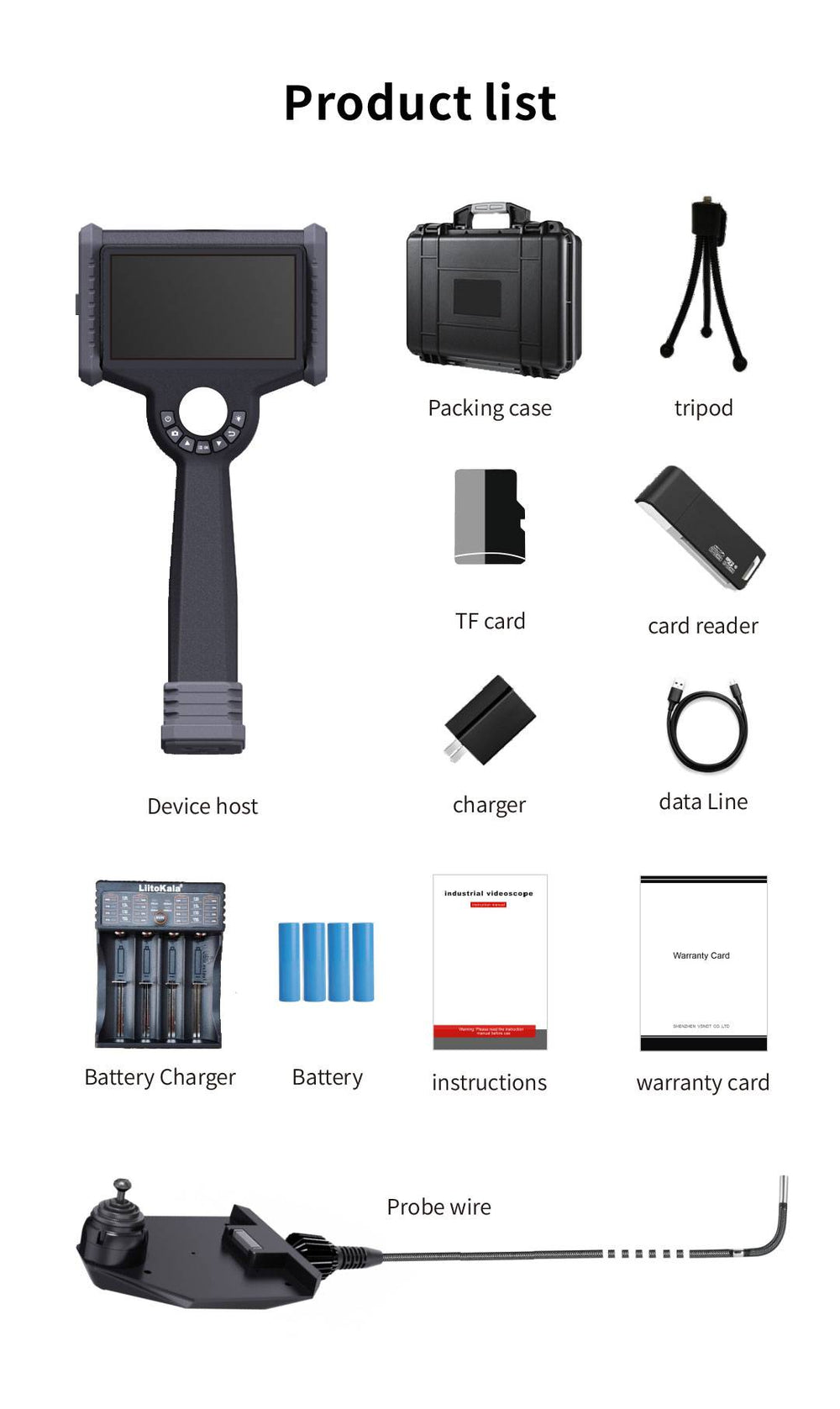 Vividia VP-0-08506 Flexible 0.85mm Diameter 0.6m Long Video Borescope 6" Touchscreen Monitor