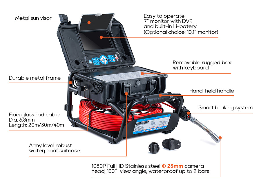 Vividia VS-749B All-in-One FHD 1920x1080 40m 131ft Push-Rod Pipe Inspection Camera 10" Display Monitor