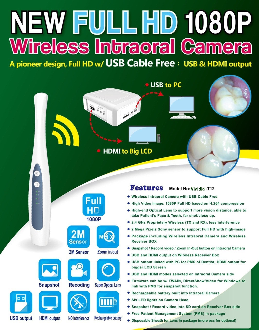 Vividia T12 Wireless Cordless USB/HDMI Dental Camera for TV monitor Android and PC/Mac