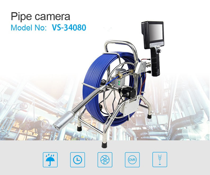 Vividia VS-34080 All-in-One Pipe Sewer Drain Tube Video Inspection Camera with 7" Portable Screen mm Diameter 262ft (80m) Long Push-Rod Cable and 40mm Diameter Self-Leveling Camera With Built-In 512Hz Transmitter