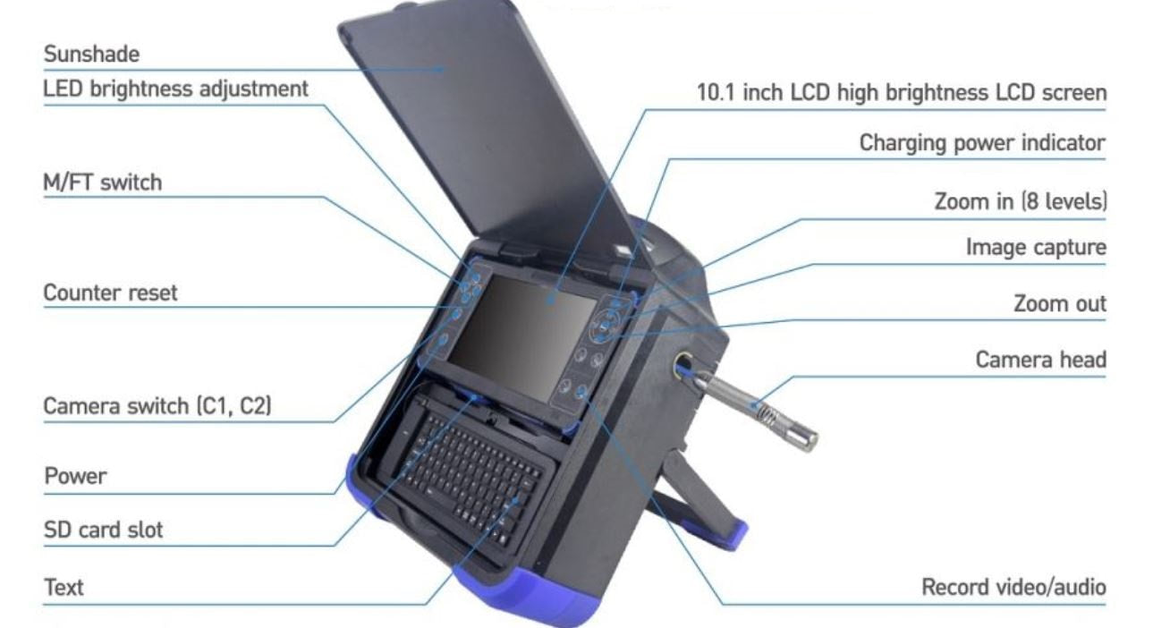 Vividia VS-92530plus All-in-One FHD 1080p Compact Pipe Sewer Drain Tube Video Inspection Camera with 10.1" Portable Screen 6.3mm Diameter 30m Long Push-Rod Cable and 25mm (0.98") Diameter Camera Self-Leveling 512Hz Sonde Meter Counter