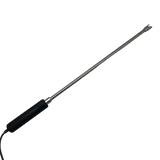 Long thin black rod with a cylindrical handle on a white background