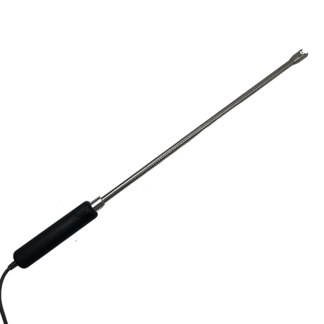 Long thin black rod with a cylindrical handle on a white background