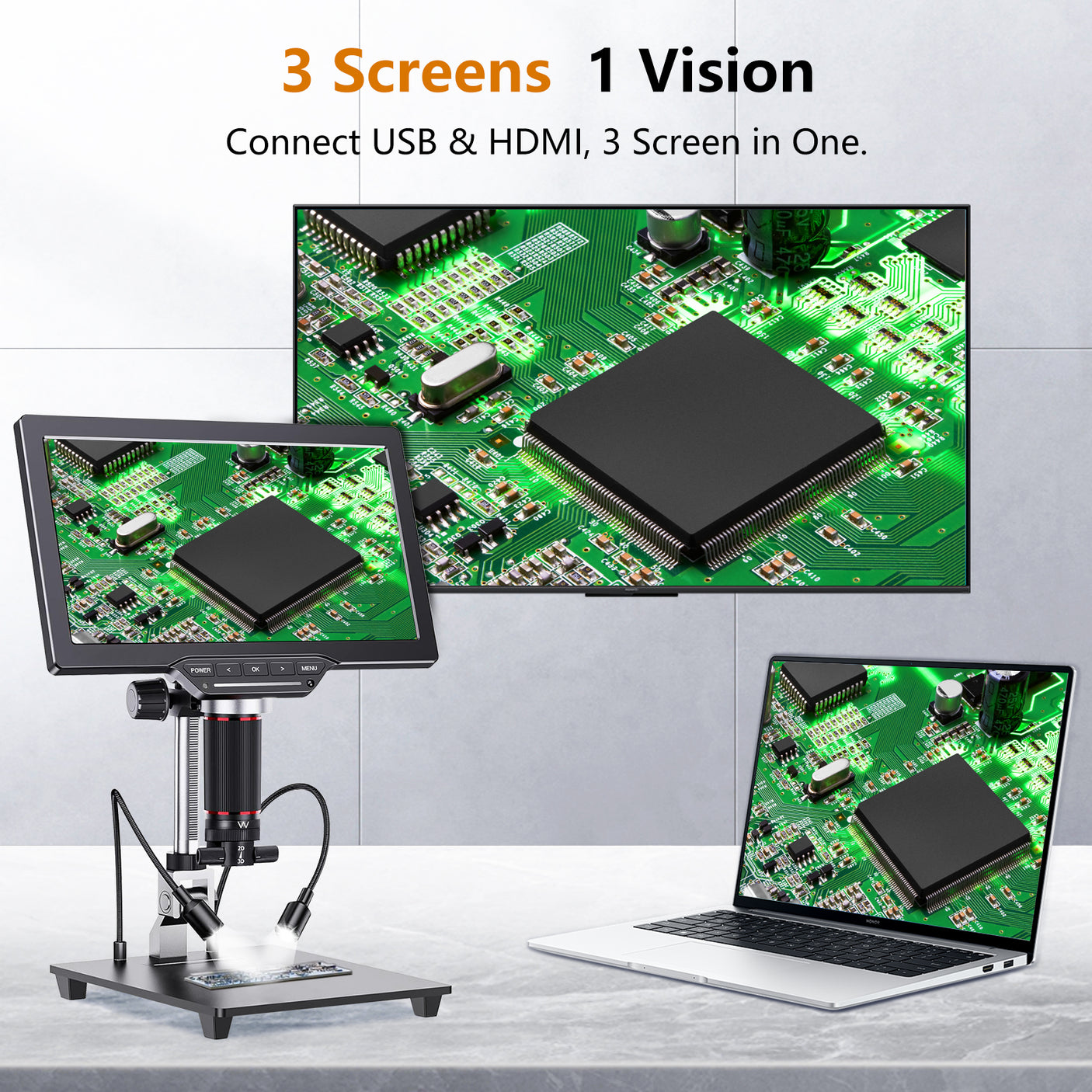 Vividia HM-4103D Digital Microscope with 10" 1080p LCD Screen, Manual Focus, 2D / 3D modes, 350x Magnification, 4MP Image Sensor, HDMI/USB Output