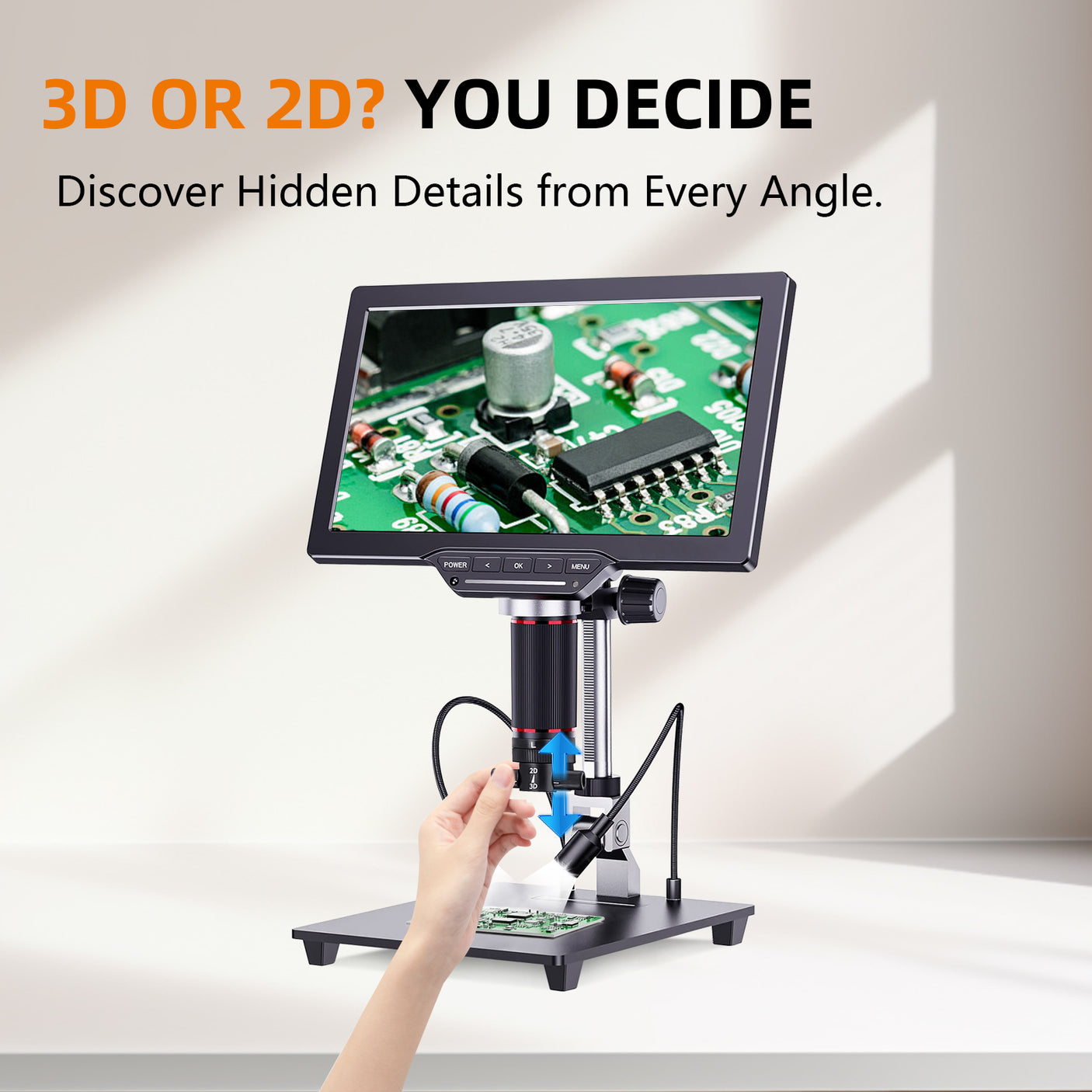 Vividia HM-4103D Digital Microscope with 10" 1080p LCD Screen, Manual Focus, 2D / 3D modes, 350x Magnification, 4MP Image Sensor, HDMI/USB Output