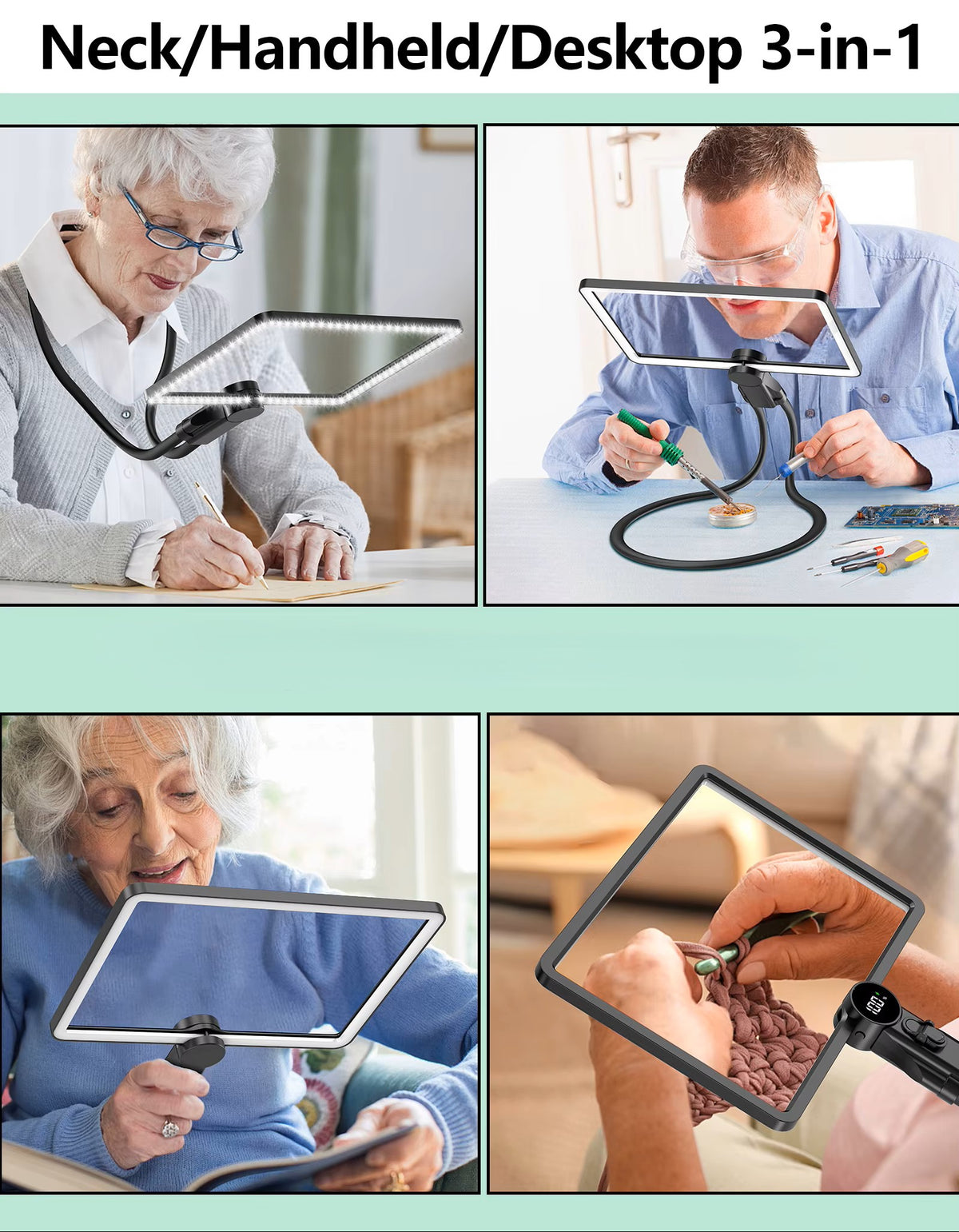 ViSee LM-170R LED Lighted Magnifier 2x to 5x Gooseneck Support Rectangular Lens Handsfree
