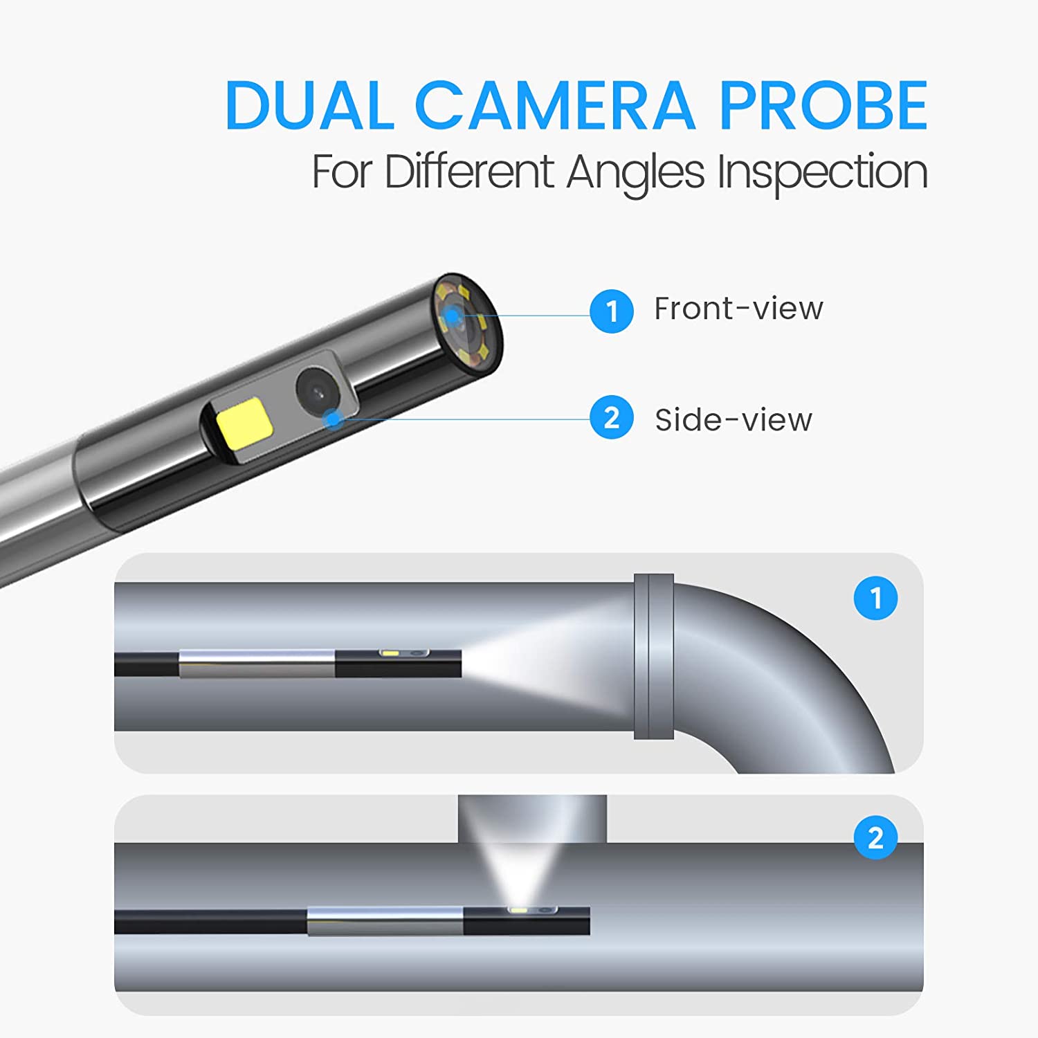 dual-camera video borescope with 4.8mm diameter and 5 inch large