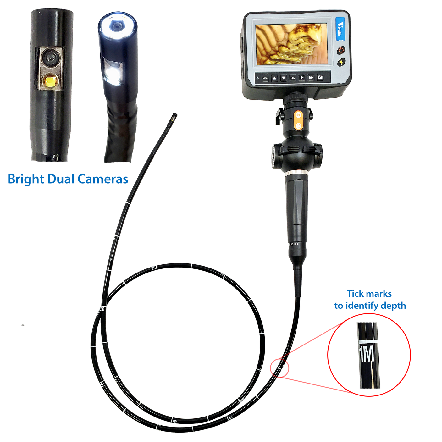 Vividia VE-4-D6915 Portable Veterinary Flexible 4-Way Articulating Video Endoscope Videoscope Borescope Inspection Camera with Replaceable Dual-Camera  6.9mm x 1.5m Long Polyethylene Probe