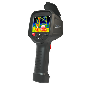 A handheld thermal imaging camera with a display screen showing a thermal image of a house.